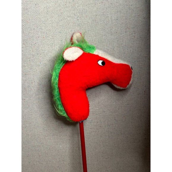 RARE Vintage Broom Stick Riding Horse Pony Plush Toy 40s Red white-Green Hair - Picture 2 of 9